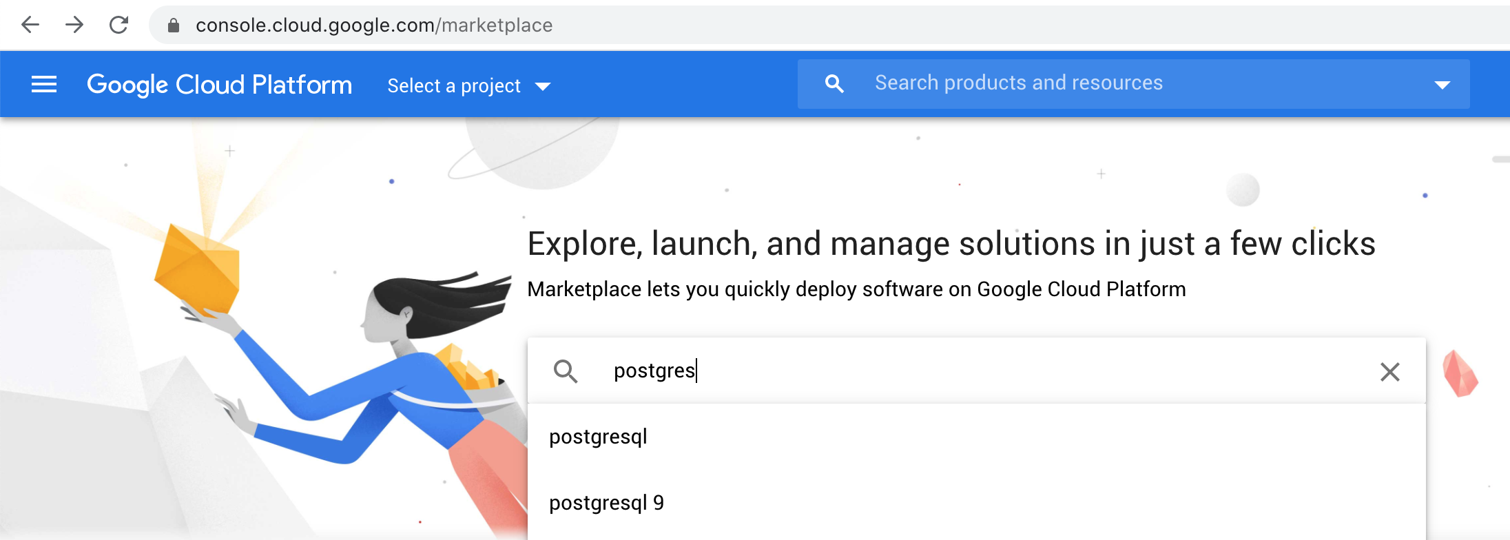 Search for Postgres in Marketplace