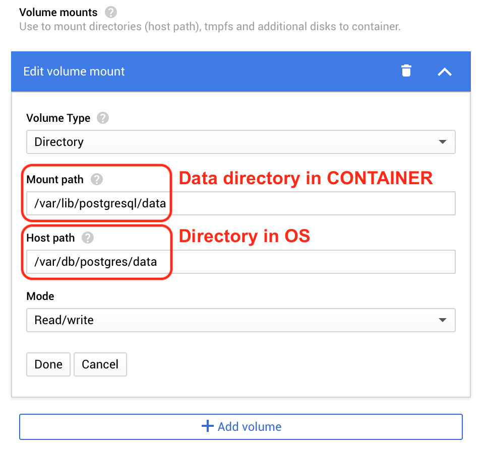 Mount a volume at the Postgres data directory